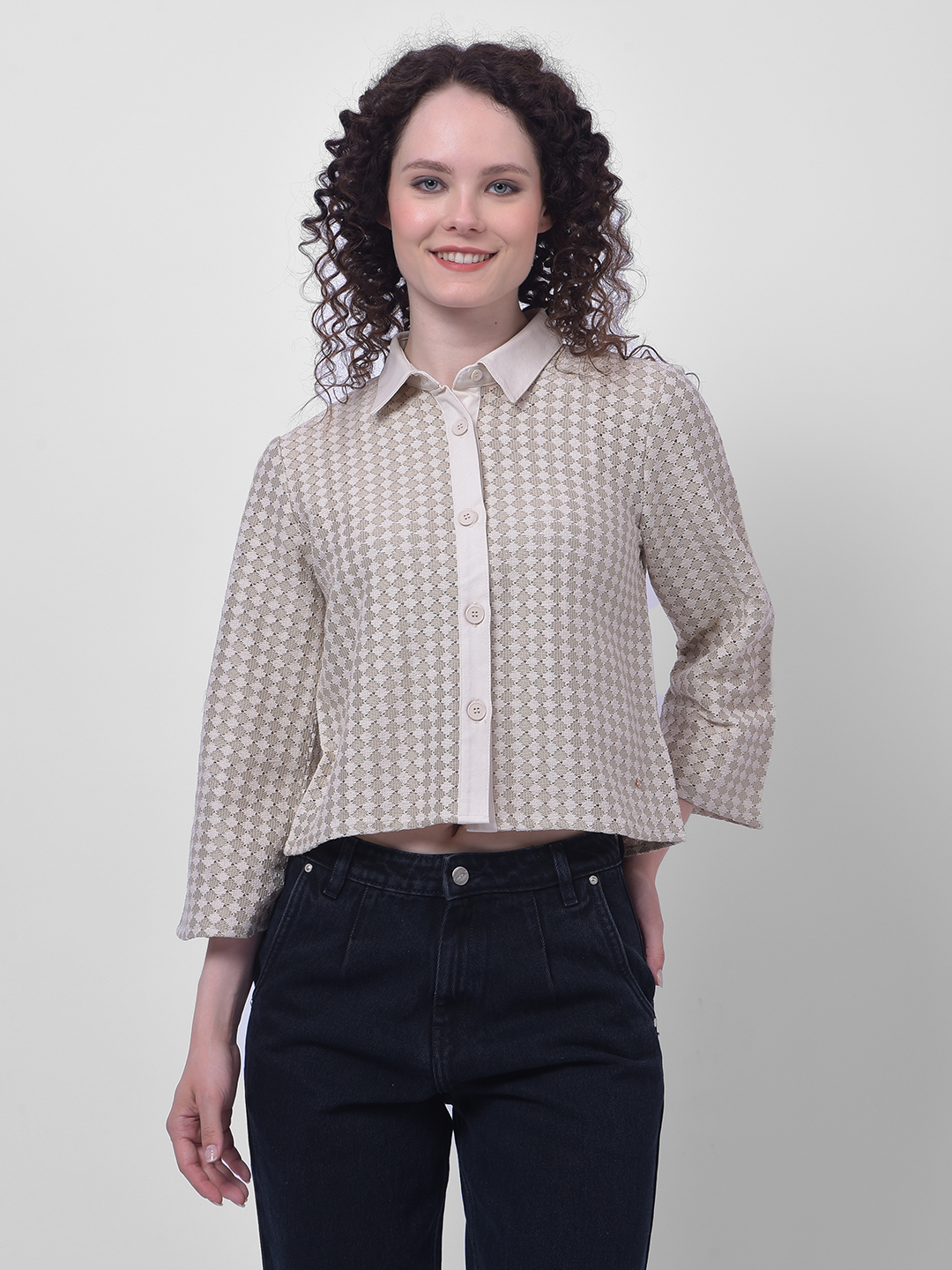 Numero Uno Women Beige Textured Crop Shirt